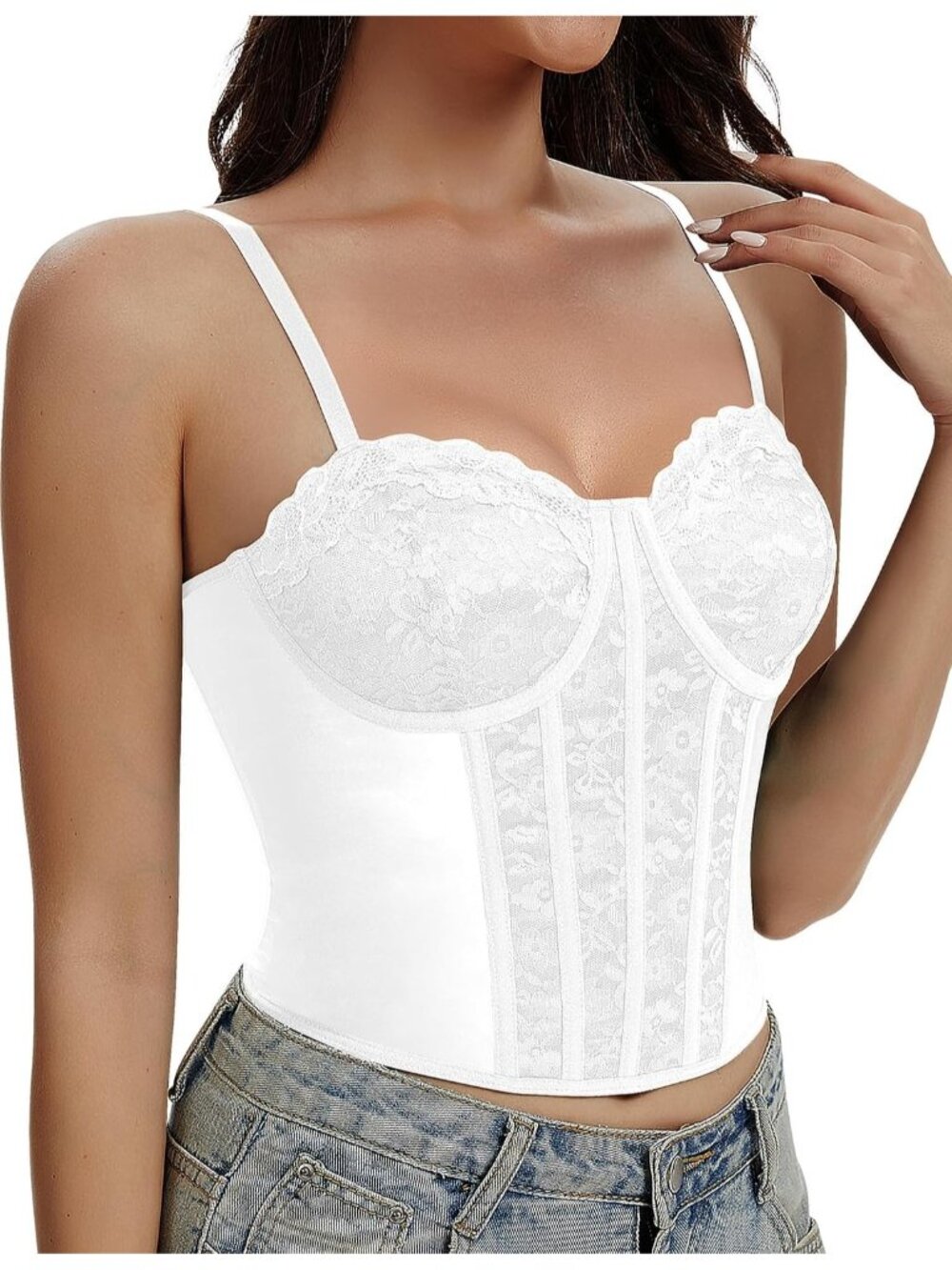 Women's White Straps 3-rows Back Hooks Fitted Underwire Lace Bustier Corset Top